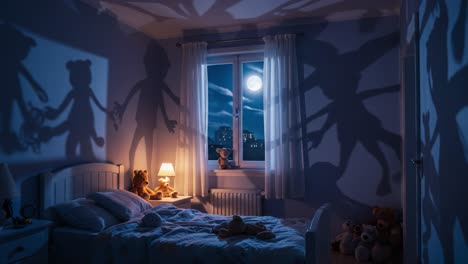 magical nighttime shadows: a cozy bedroom scene with whimsical teddy bears illuminated by the moonlight creating enchanting silhouettes on the wall