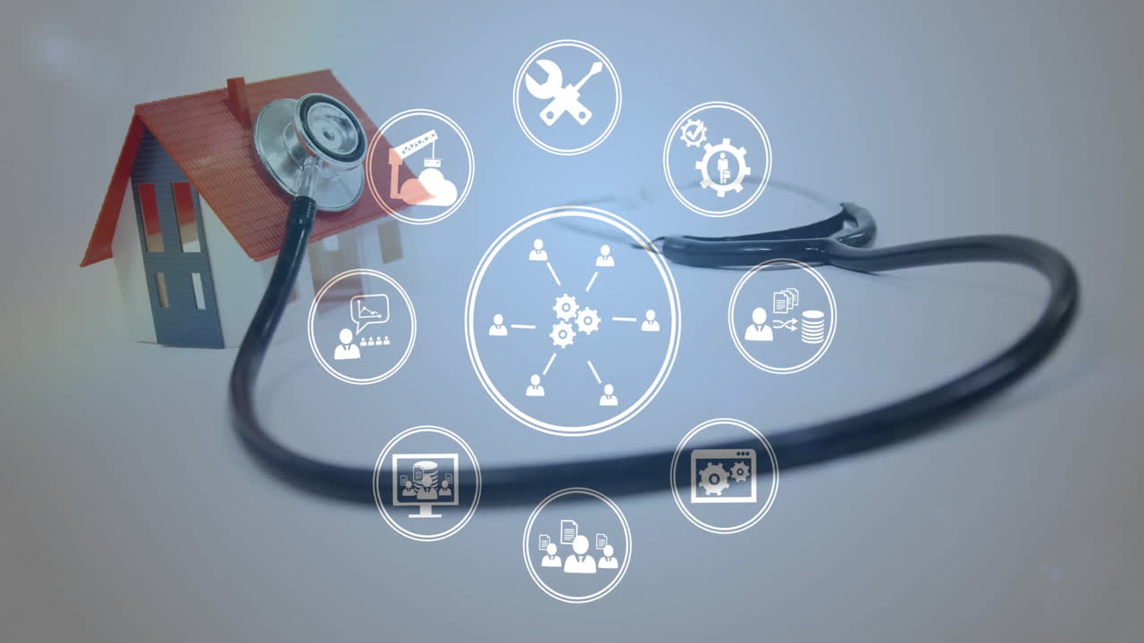 Animation of business icons over stethoscope and model of house