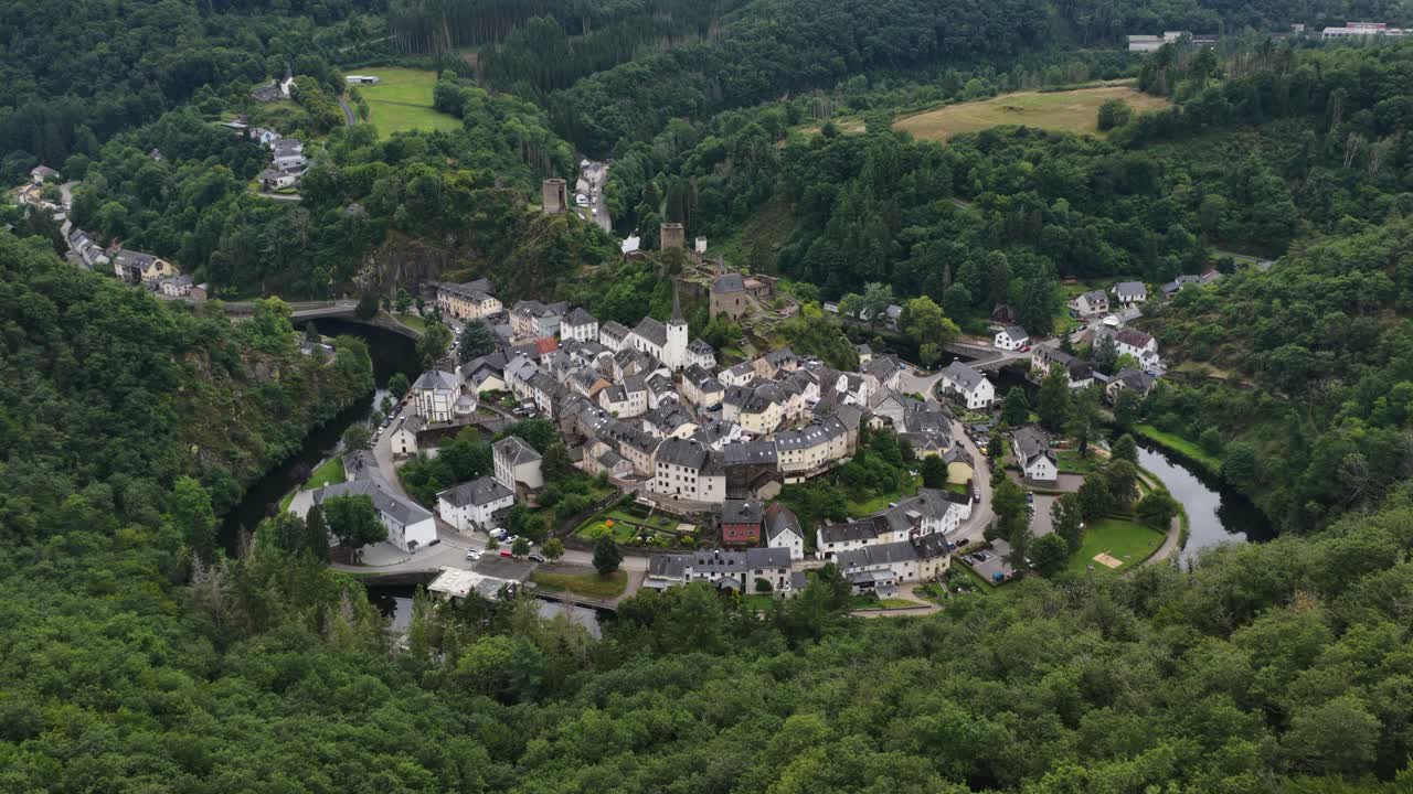 Chateau de Esch sur Sure, castle, small historic village in the Luxembourg. Green landscape. Aerial video