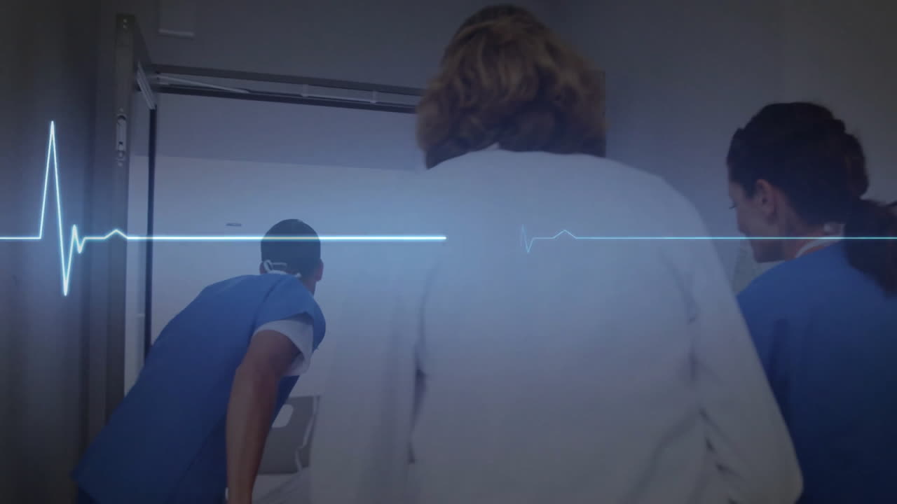 Animace kardiografu nad kavkazskými lékaři běžícími s pacientem na nemocničním lůžku.