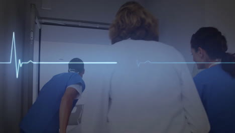 animation of cardiograph over caucasian doctors running with patient in hospital bed