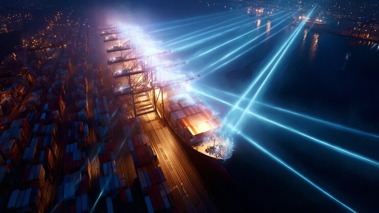 Imponerende dokkingsscene om natten, fremhevet av strålende laserstråler og containerskipoperasjoner, som viser den blendende bruken av lys og teknologi i moderne maritim logistikk