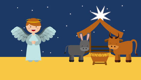 merry christmas manger scene with stable and animals