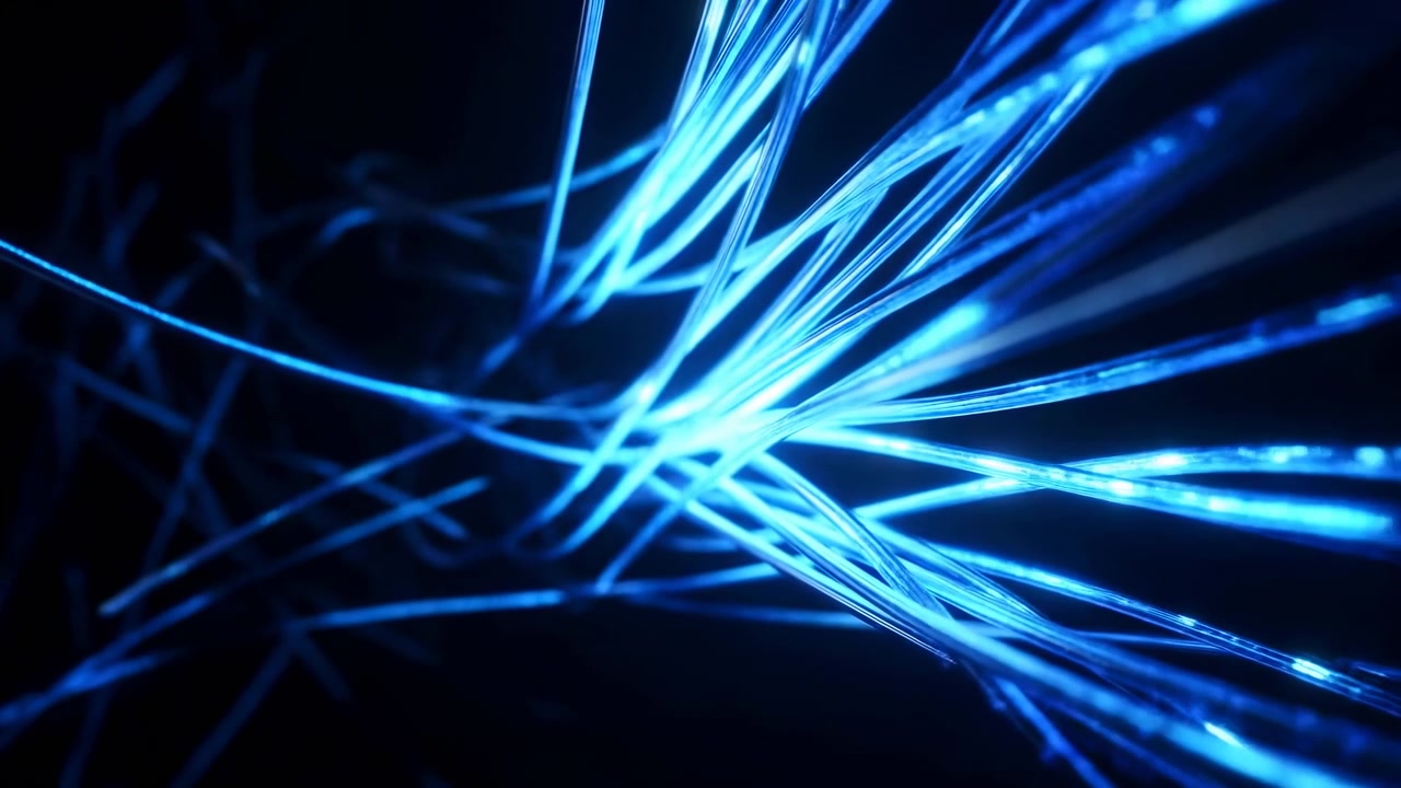 Bright blue light trails cross a dark abstract surface, with the strongest glow moving from the right toward the center and creating a sleek futuristic sense