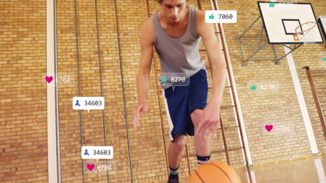 Animación-De-Notificaciones-De-Redes-Sociales-Sobre-Un-Jugador-De-Baloncesto-Masculino-Caucásico-Rebotando-Una-Pelota