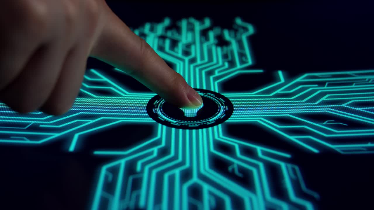 Side View, Human Finger Pushes Touch Digital The Light Bulb With Futuristic Artificial Intelligence Spreading Through Internet. Visualization Of Machine Learning, Computer Technology, Neural Network