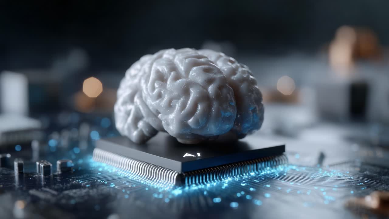 A Modern Fusion of Biological and Digital Intelligence: A Rendered Brain Model Positioned on a Circuit Board Representing the Intersection of AI and Human Thought