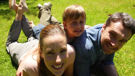 kleine jongen en ouders glimlachen in het park
