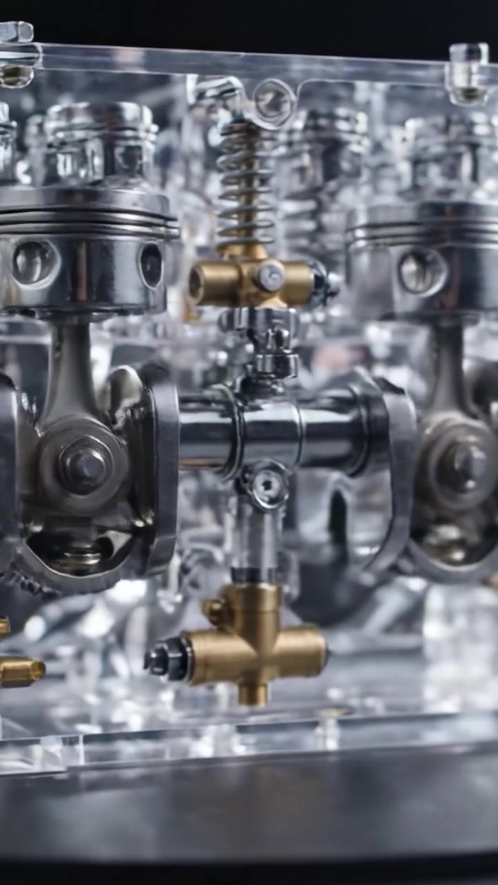 Intricate Mechanism of Precision Engineering: A Close-Up View of an Innovatively Crafted Model Engine Showcasing Mechanical Components and Transparent Design