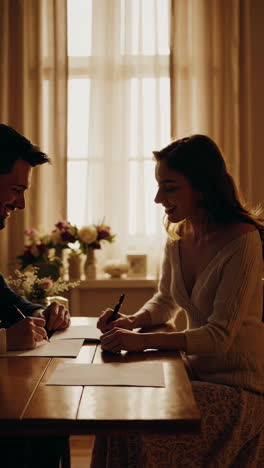 couple signing documents at home