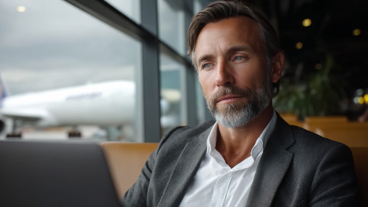 Forretningsmand arbejder på bærbar computer i lufthavnslounge og overvejer fremtidige planer, mens han venter på flyet. Stilfuldt udseende med baggrund af lufthavnsaktivitet