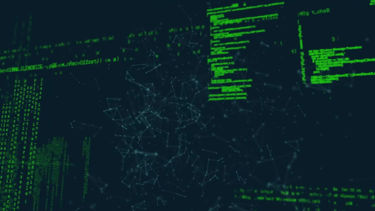 Animation of network of connections and digital data processing over dark background