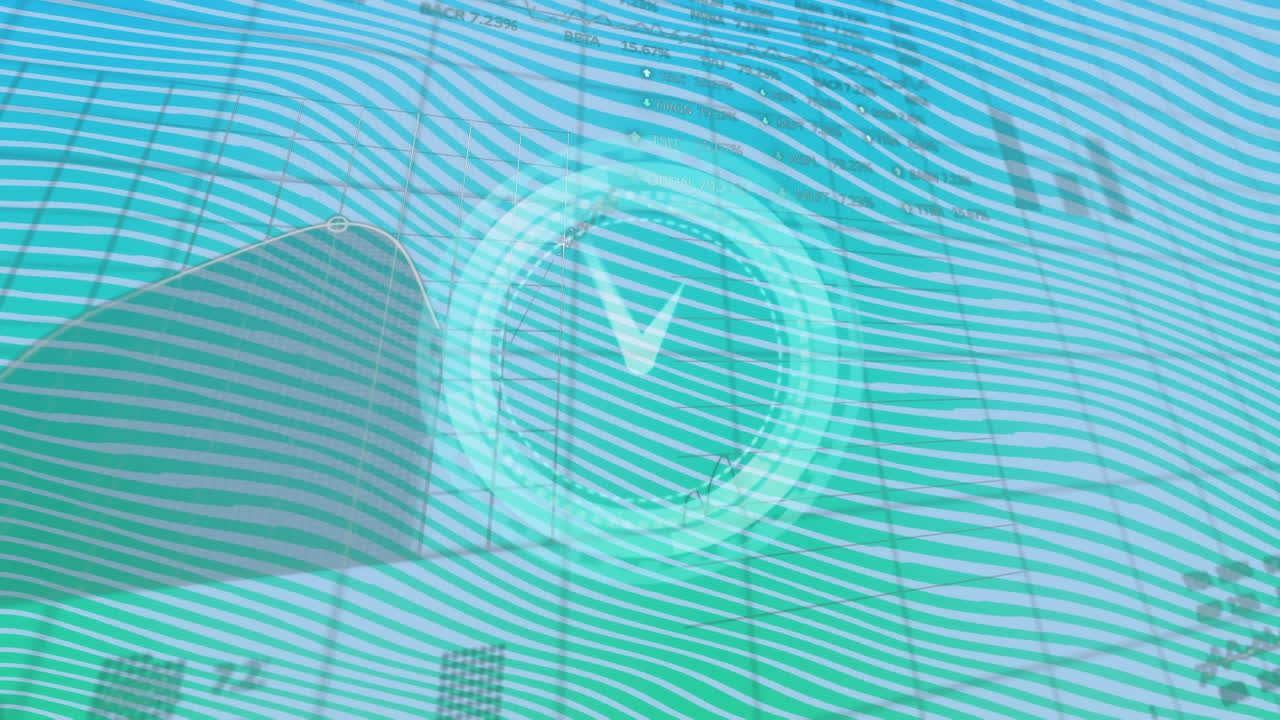 추상적인 배경에 대한 그리드 패턴 위의 디지털 시계, 그래프 및 거래 보드의 애니메이션