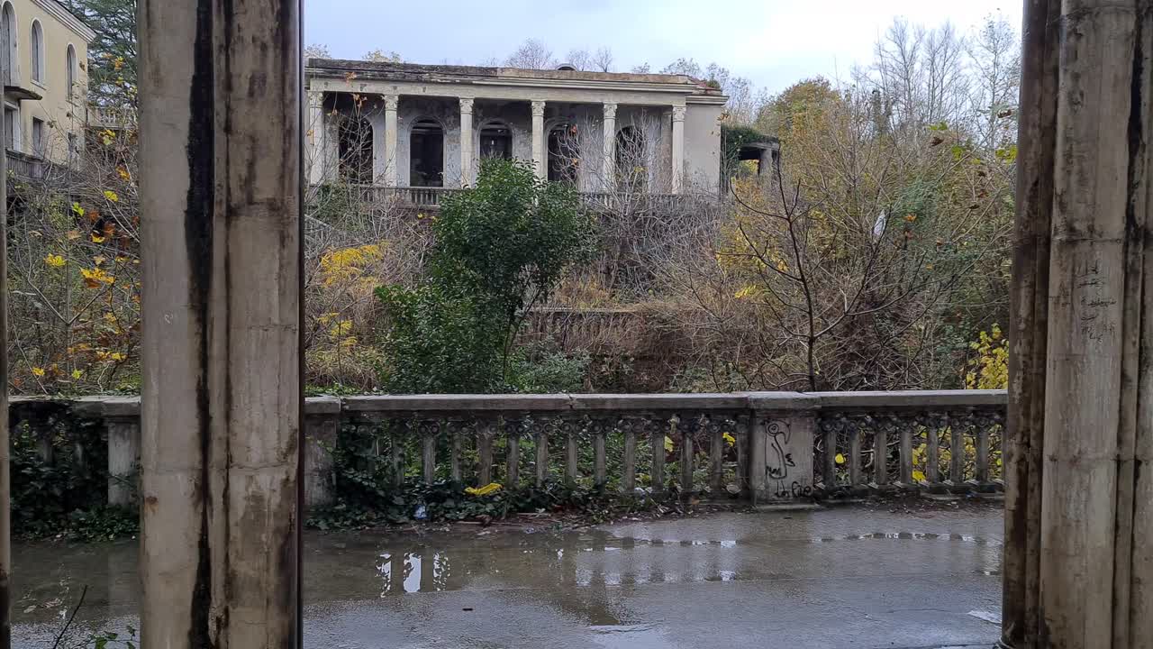 Sad and depressive abandoned old sanatorium in Tsakltubo Georgia. Pan shot