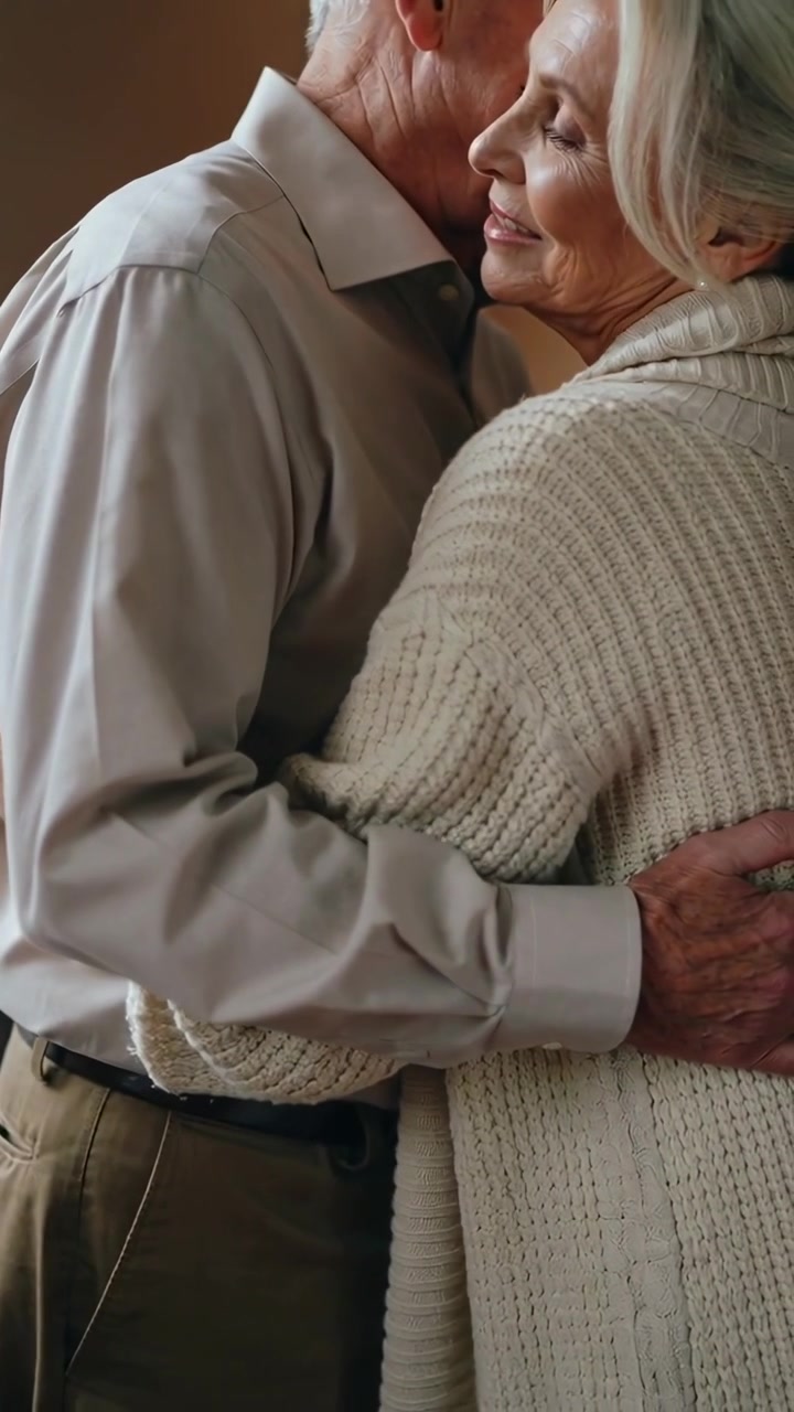Video verticale: Uomo anziano avvolge un braccio e si appoggia a una donna, condividendo affetto a casa, con un cardigan.