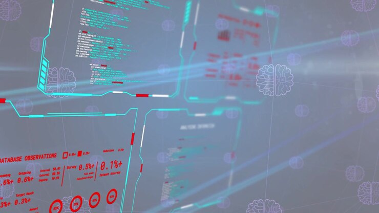 Turquoise panel appearing left, starting blue beams sweeping right, red stats pulsing for analysis