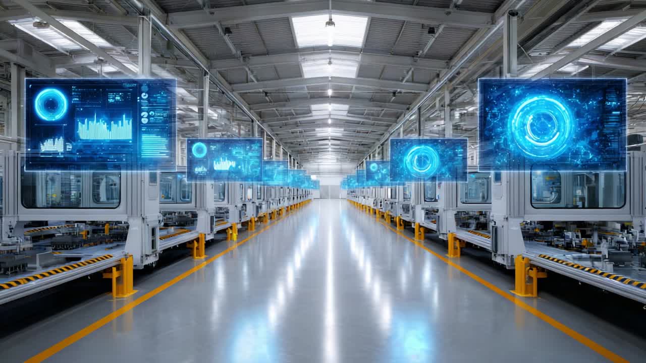 Futuristic Manufacturing Facility Showcasing Advanced Technology with Digital Displays and Data Visualizations, Emphasizing Efficiency and Innovation in an Automated Production Environment