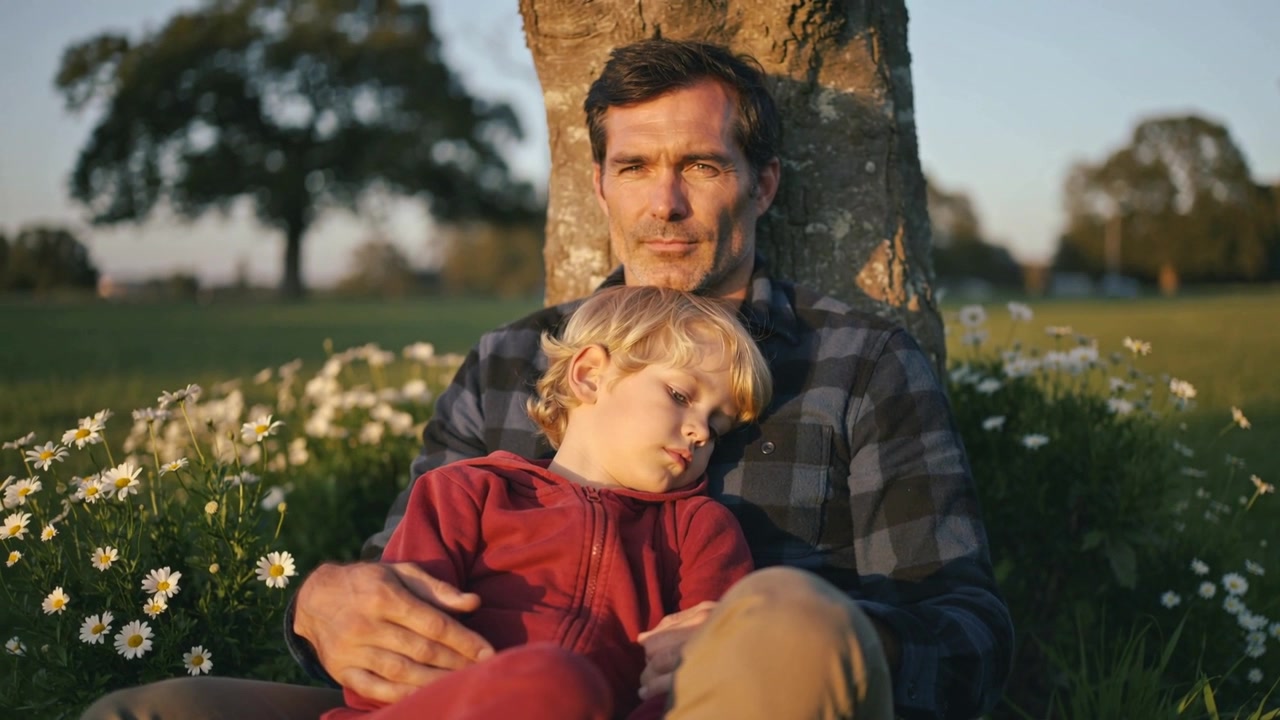 Papà appoggiato che tiene in braccio un bambino addormentato vicino a un albero nel parco, lo sistema mentre il bambino sonnecchia, vestito rosso, margherite.