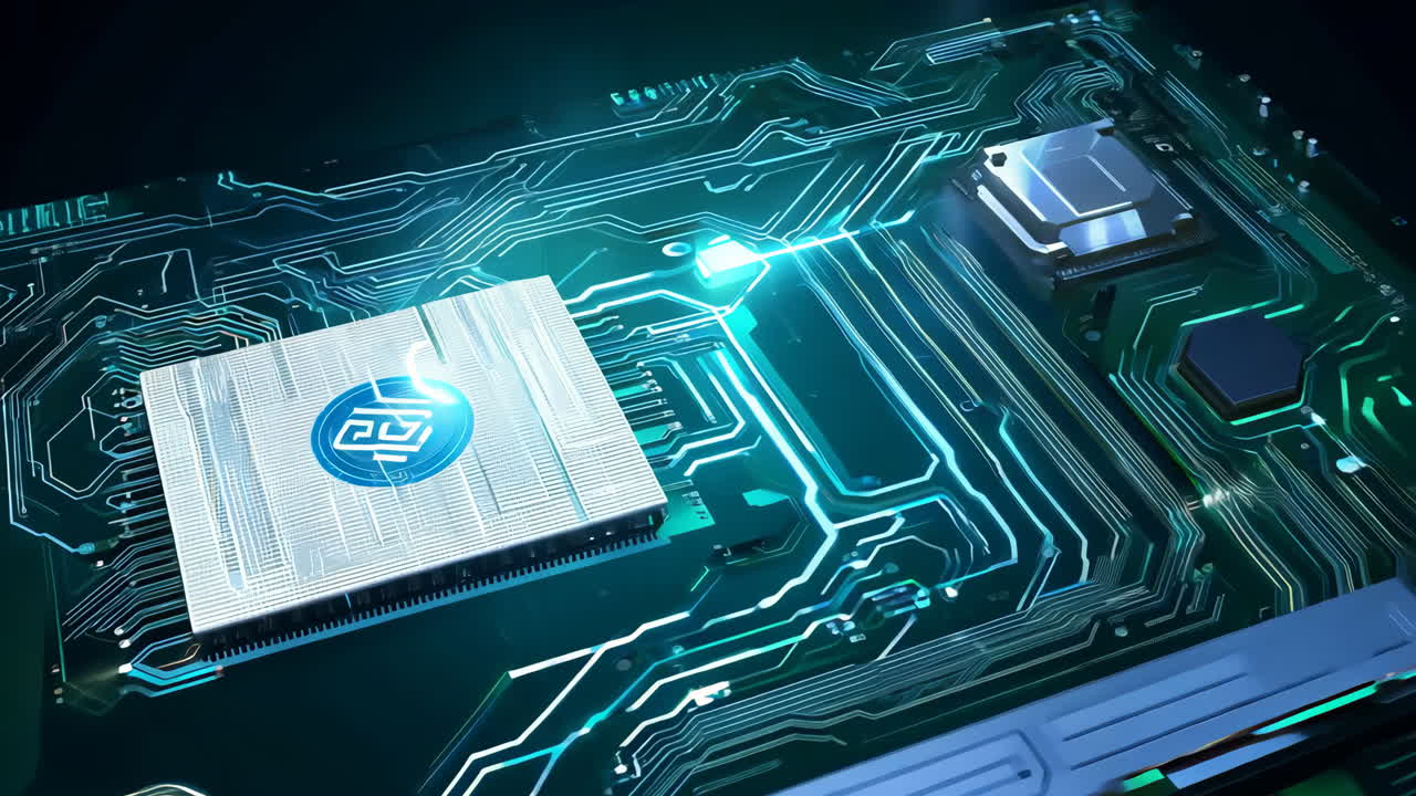Advanced Microprocessor Design With Circuit Board Technology. A close-up view of a microprocessor on a circuit board, showcasing intricate designs and glowing connections.
