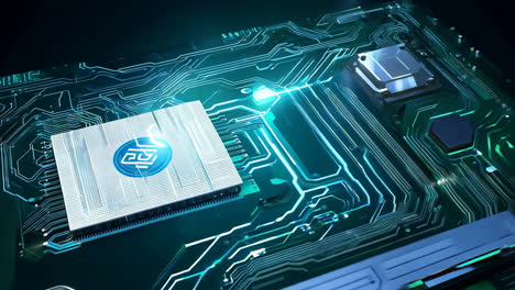 advanced microprocessor design with circuit board technology. a close-up view of a microprocessor on a circuit board, showcasing intricate designs and glowing connections.