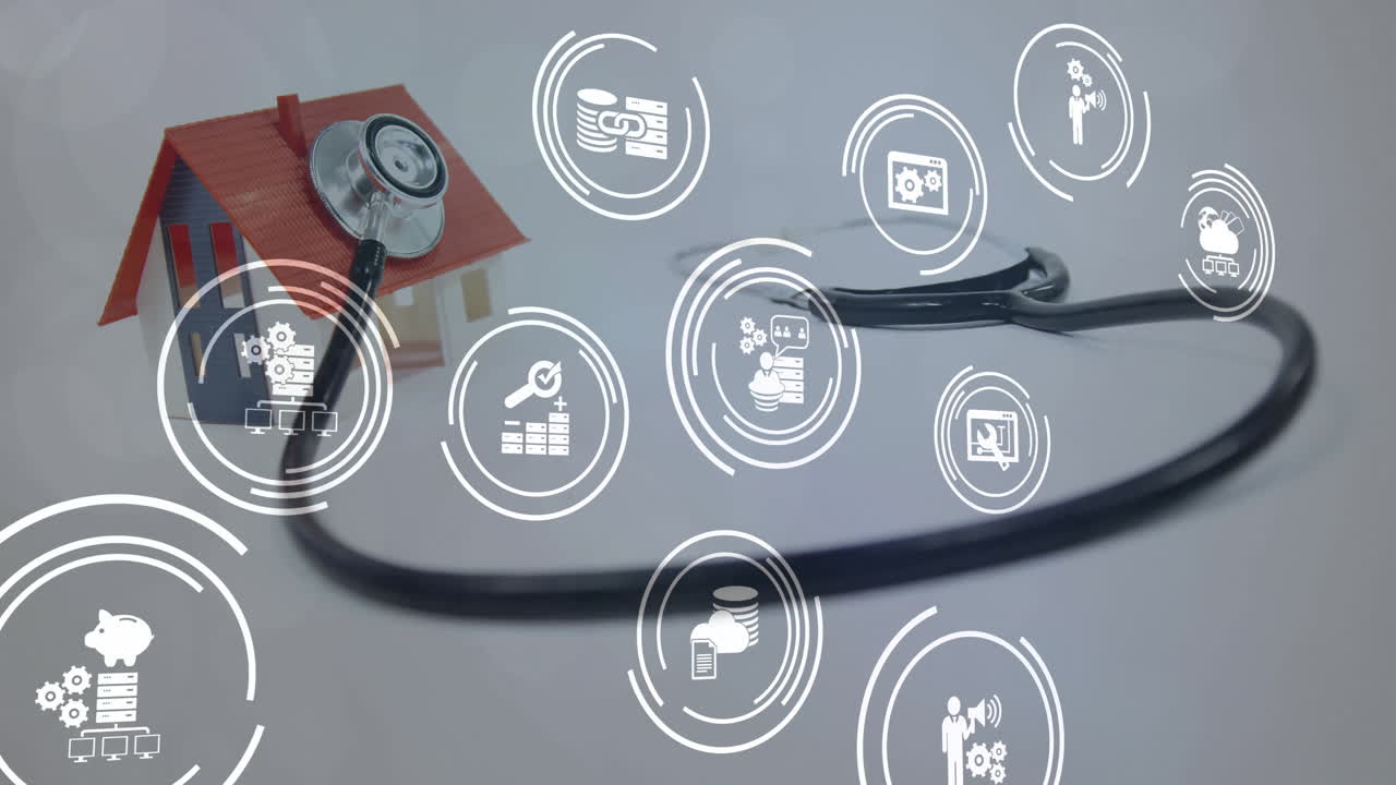 Animation of business icons over stethoscope and model of house
