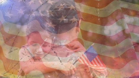 Animation-of-soldier-with-daughter-over-american-flag