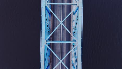 slow drone flight reveals striking blue bridge spanning lielupe river, latvia