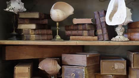 antique books, knickknacks, and wooden storage boxes on shelves of a wooden cabinet