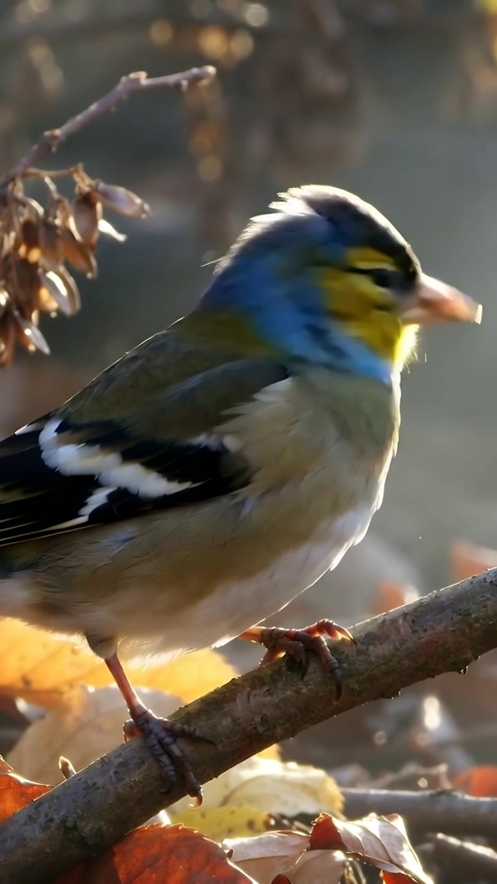 Video verticale: Il sole che spinge un piccolo fringuello appollaiato su un ramo in giardino, che gira la testa e si muove verso i baccelli.