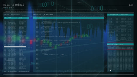 financial data processing over computer interface with data processing against grey background