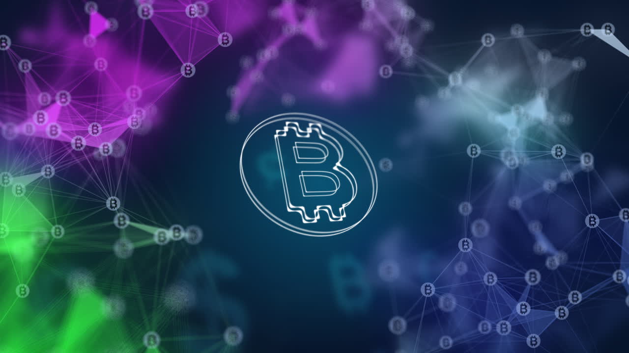 Bitcoin transparent icon on blue background with lines and symbols. Abstract color animated 3D background with symbols of currency signs. Cryptocurrency.