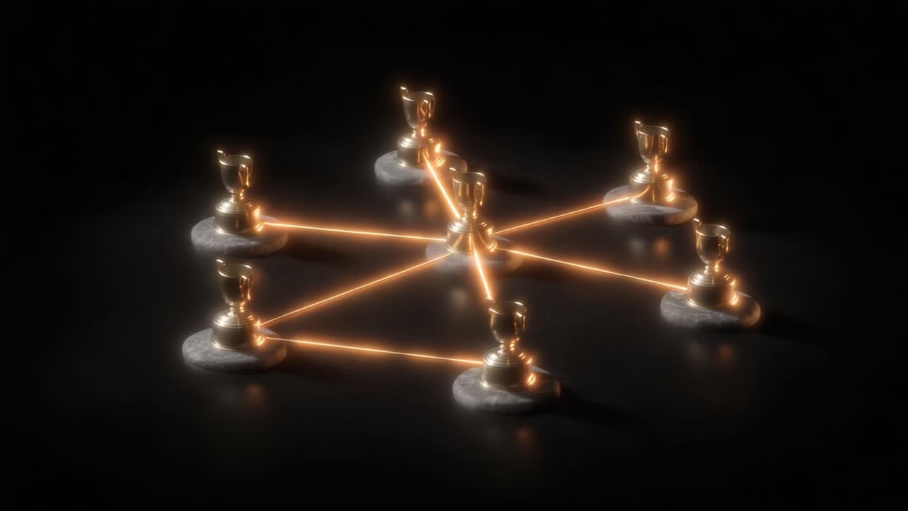 An Intricate Network of Golden Trophies Illuminated by Glowing Links, Symbolizing Achievement and Success in a Captivating Dark Setup