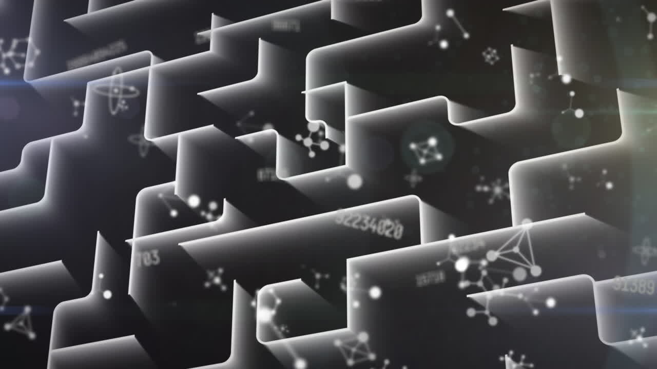 múltiples números cambiantes y estructuras moleculares flotando contra formas 3d en fondo negro