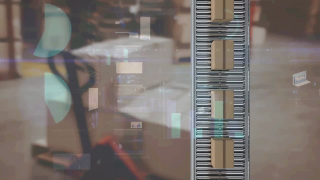 animación de estadísticas y procesamiento de datos sobre cajas de cartón en cinta transportadora