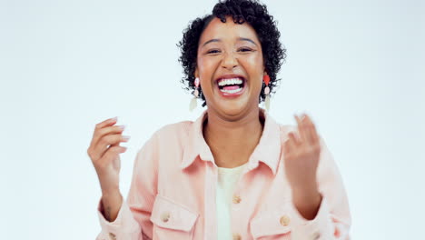 baile, feliz y éxito con rostro de mujer