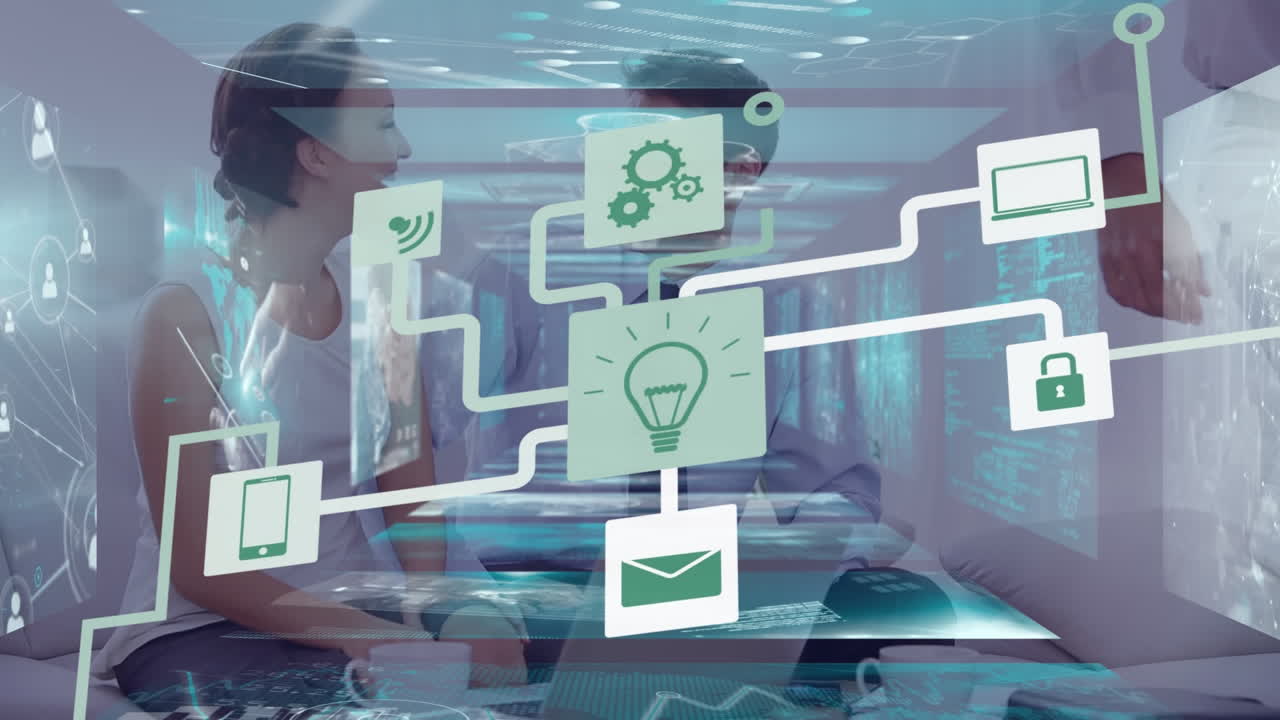 다양한 비즈니스 사람들 사이의 아이콘과 데이터 처리를 가진 연결 네트워크의 애니메이션