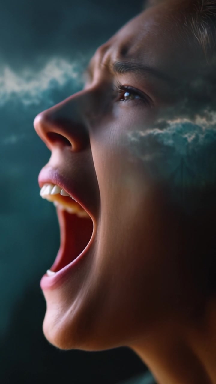 Intensa espressione di emozione: il pianto profondo di una donna simboleggiato da cieli tempestosi sullo sfondo, che cattura la vulnerabilità e la potenza umana allo stato puro.