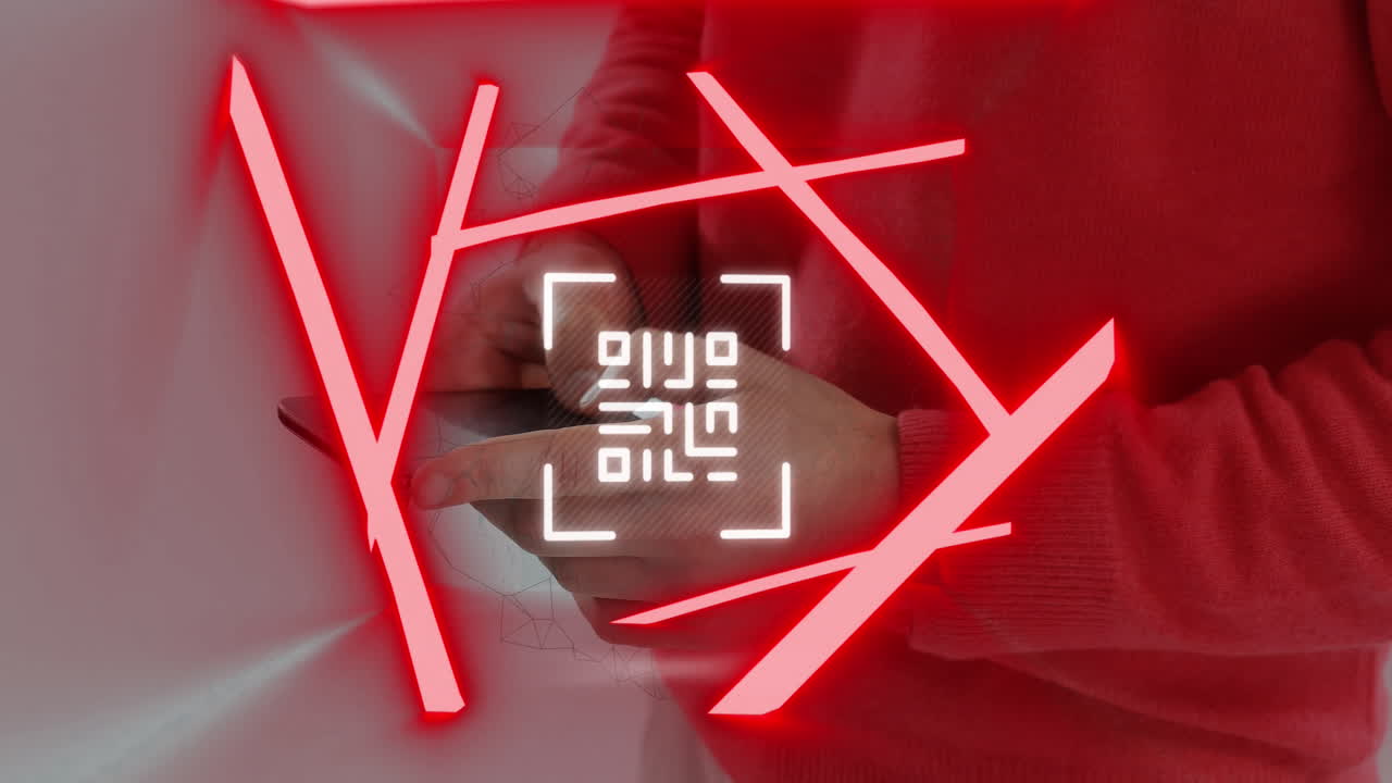 네온 qr 코드 스캐너와 스마트폰을 사용하는 사람의 중간 섹션에 대한 추상적인 모양