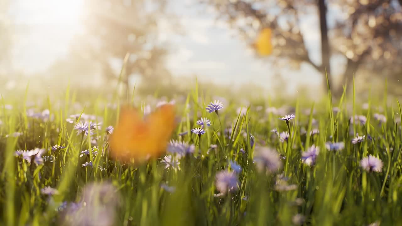 Low-angle video of a sunlit meadow with butterflies and wildflowers, creating a serene, natural
