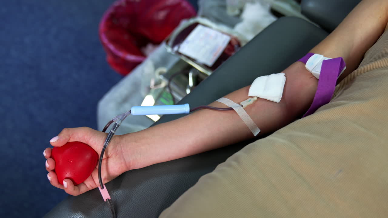 Donor is holding a heart-shaped red rubber ball in the hand. Close up. Blood donation concept.