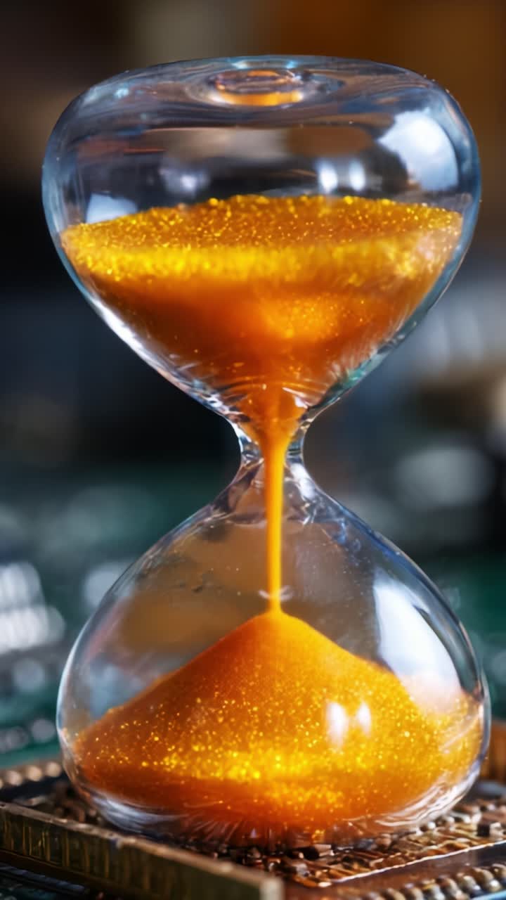 Glistening Hourglass with Golden Sand: A Captivating Representation of Time Passing in a Beautifully Rendered Close-Up Shot Highlighting Its Fluid Dynamics