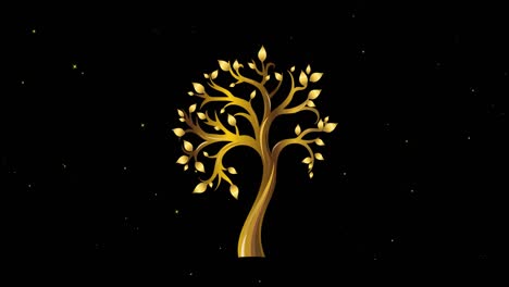 animation of gold tree over white stars moving on black background