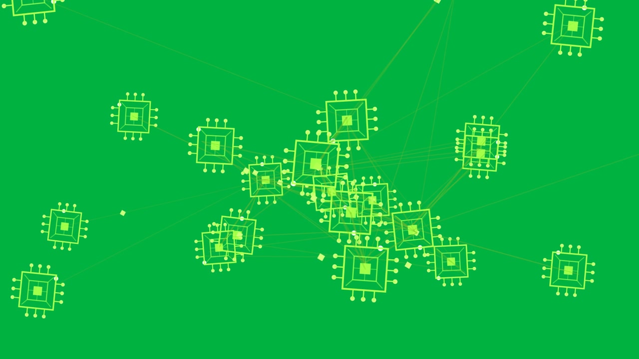 Neon green chip network forming hub after signal pulse, lines sending data on transparent canvas