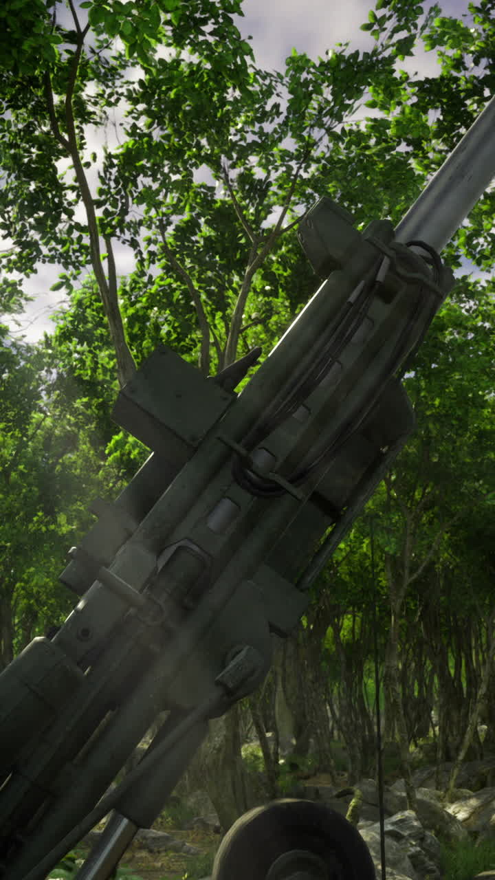 Intricate details of a firearm pointed through dense woodland at twilight