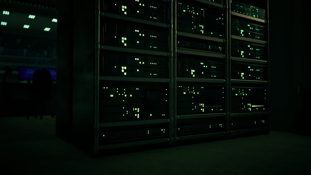 Data center with illuminated servers in dark environment at night