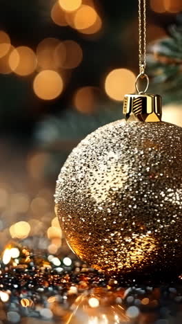 a gold ornament is sitting on a table next to a pine cone. the scene is festive and warm, with the gold ornament and pine cone representing the holiday season