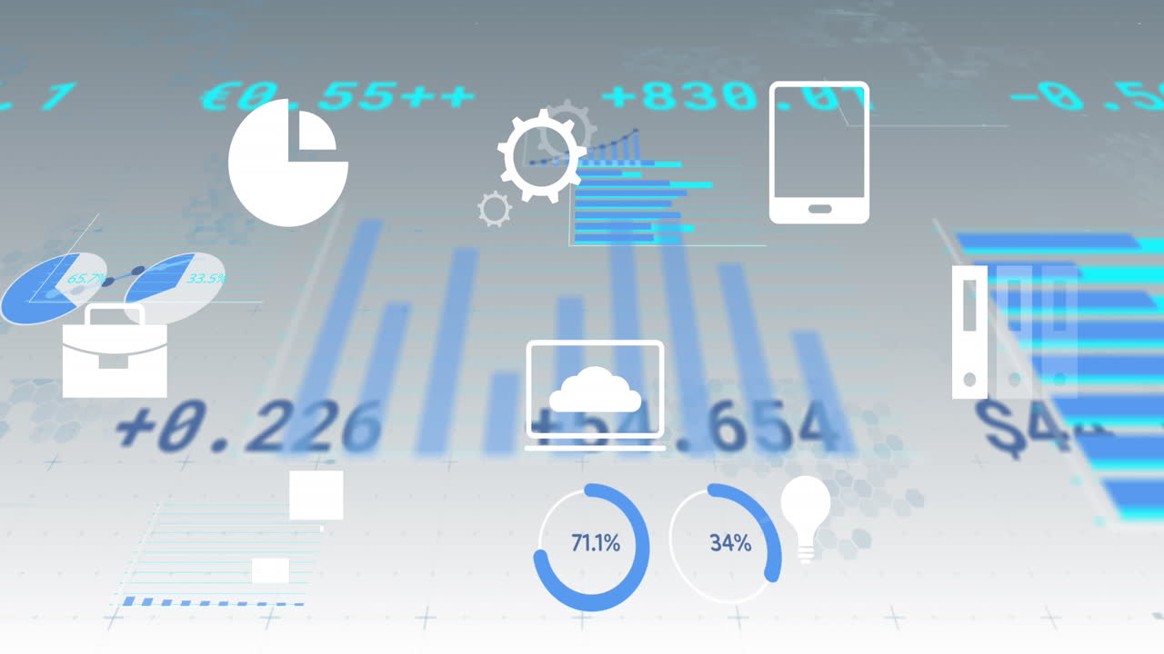 Animation of multiple digital icons and statistical data processing against grey background