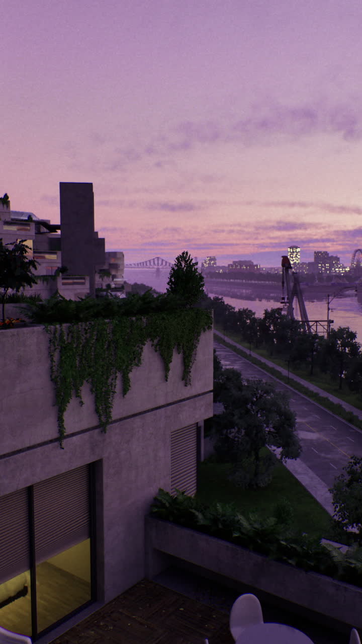 Modern balcony view overlooking river at sunset with city skyline