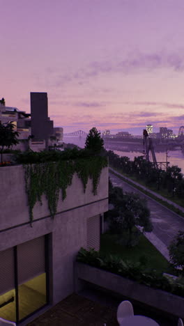 modern balcony view overlooking river at sunset with city skyline