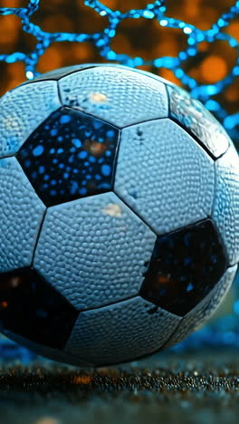 soccer ball in net during sunset glow. a colorful soccer ball rests in the goal net at sunset, capturing the essence of the game.